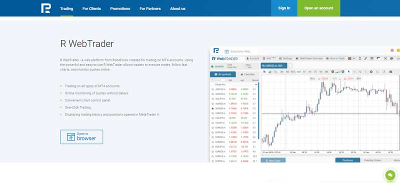 A screenshot that shows information about the R WebTrader platform on the RoboForex website