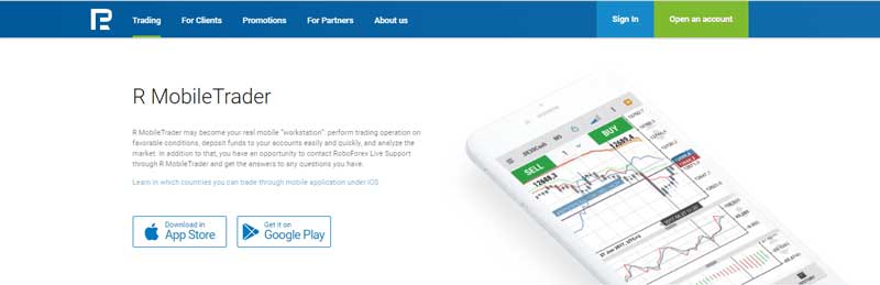 A screenshot that shows information about the R MobileTrader platform on the RoboForex website