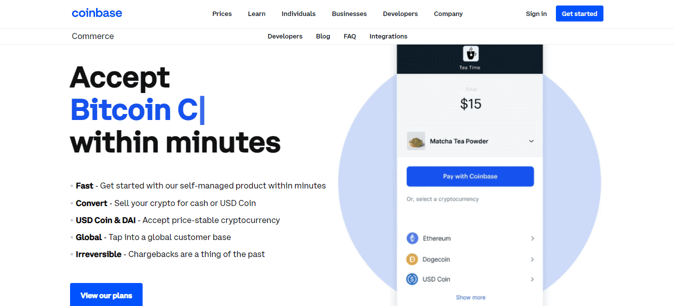 A Screenshot of Coinbase commerce on the Coinbase website