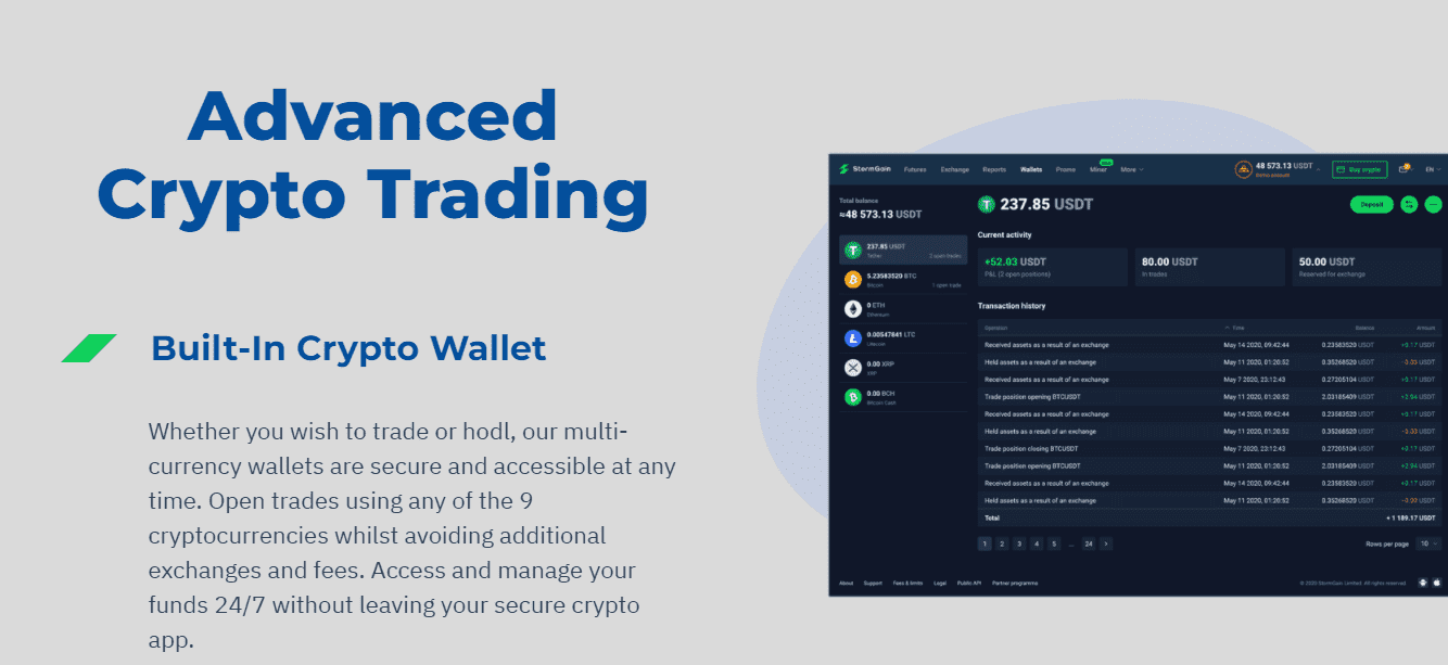 A screenshot of the information regarding Built-in Crypto Wallets on the StormGain broker website