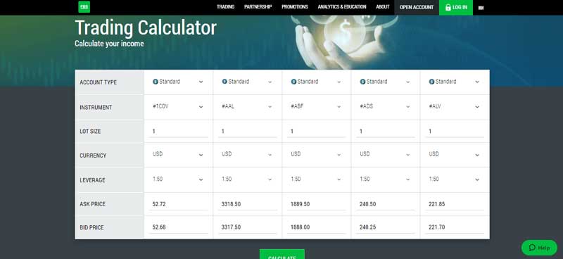 A screenshot that demonstrates the information about the trading calculator section in the FBS online broker website