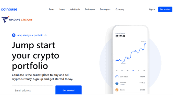 Screenshot from the Home page of the Coinbase website