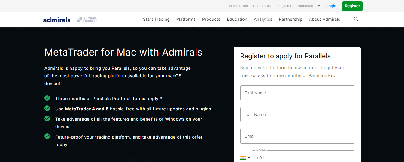 Screenshot showing information about the Parallels for MAC section on the Admirals website