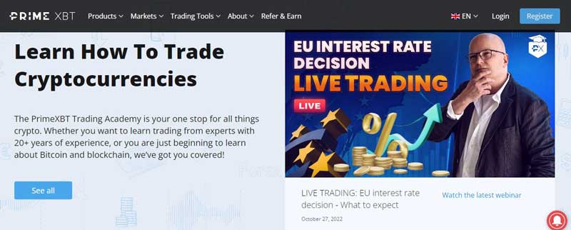 Screenshot that shows information about the Trading Academy section on the PrimeXBT website