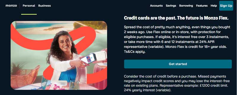 A screenshot that shows the information about the Monzo flex section on the Monzo website