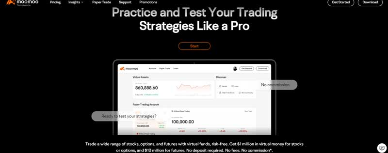 Screenshot displaying information about the Paper trading section on the moomoo website