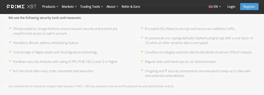 Screenshot that shows information about Security on the PrimeXBT website