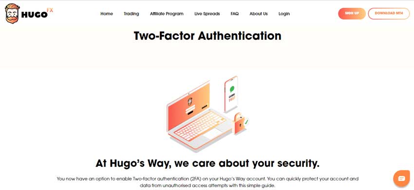 A screenshot of the home page which shows the two-factor authentication of Hugo’s Way from the website of Hugo’s Way