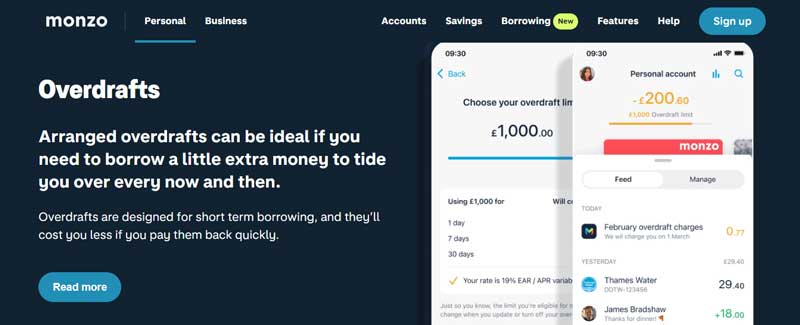 A screenshot that shows the information about the Overdrafts section on the Monzo website