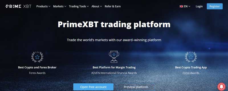 Screenshot that shows information about the PrimeXBT trading platform on the PrimeXBT website