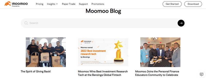 Screenshot displaying information about the Blog section on the moomoo website