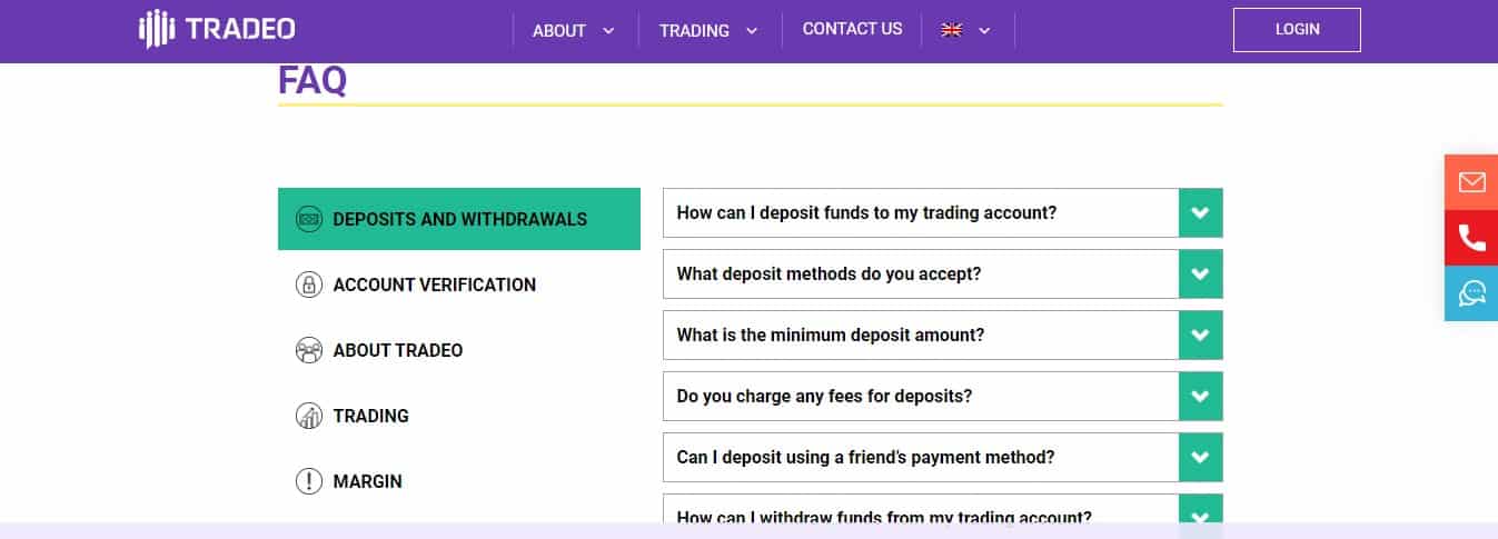 A screenshot that shows the information about the FAQ section on the TRADEO website