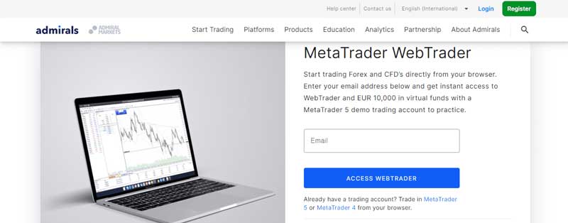 Screenshot showing information about the MetaTrader WebTrader section on the Admirals website