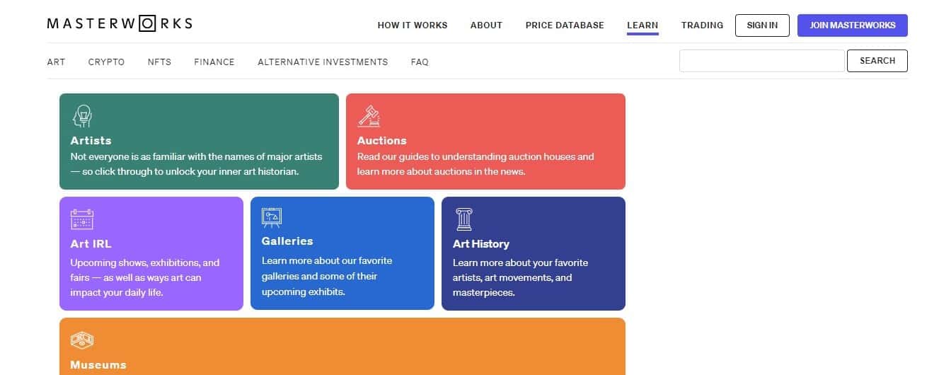 Screenshot showing information about the Learn section on the Masterworks website