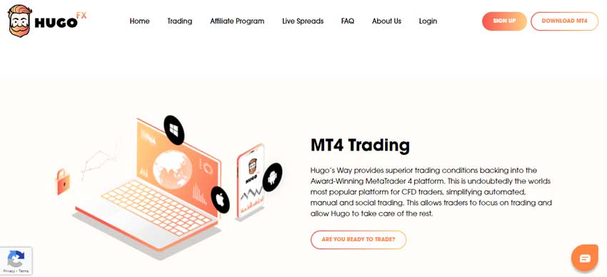 Screenshot of the home page which shows the MT4 Trading platform of Hugo’s Way website