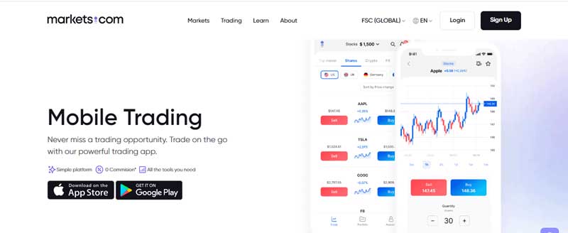 A screenshot that shows the information about the Mobile trading section on the markets.com website