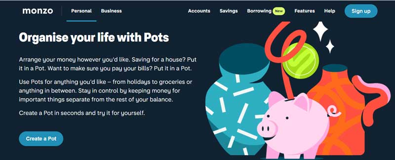 A screenshot that shows the information about the Pots section on the Monzo website