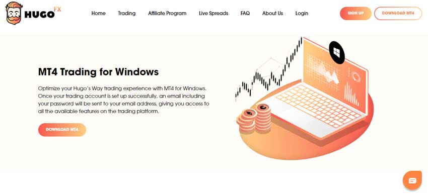 Screenshot of the home page which shows the MT4 Trading platform for windows of Hugo’s Way website