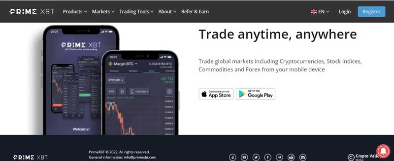 Screenshot that shows information about Mobile trading on the PrimeXBT website