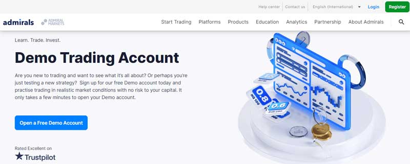 Screenshot showing information about the Demo trading account section on the Admirals website