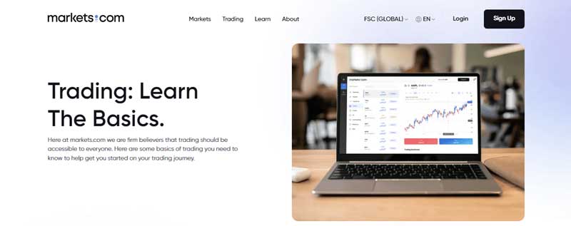 A screenshot that shows the information about the Learn section on the markets.com website