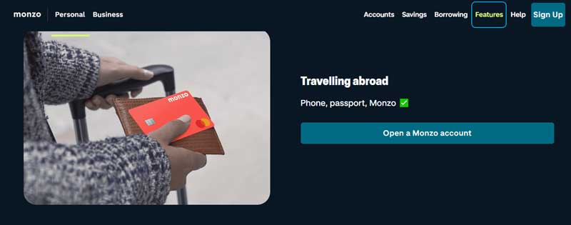 A screenshot that shows the information about the Travelling with Monzo section on the Monzo website