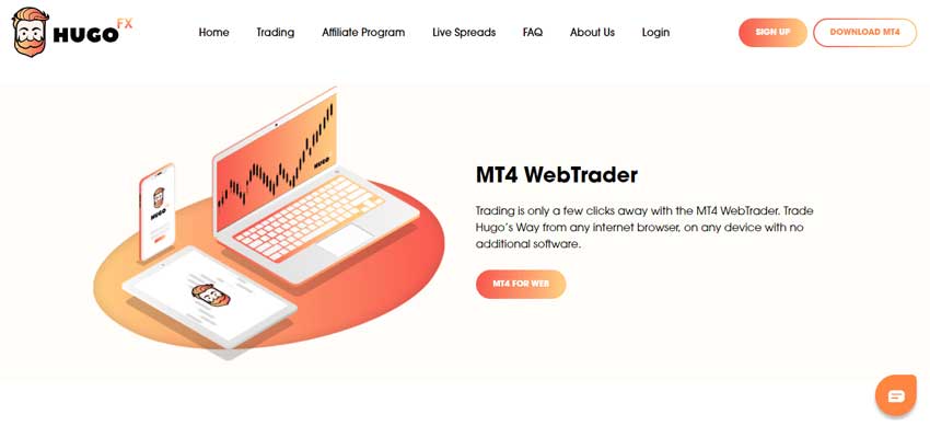 The screenshot of the home page which shows the MT4 Trading platform for Web of Hugo’s Way website