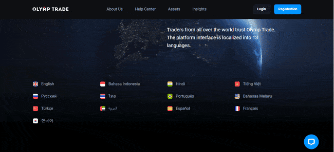 A screenshot that shows the information about customer support languages on the Olymp Trade website