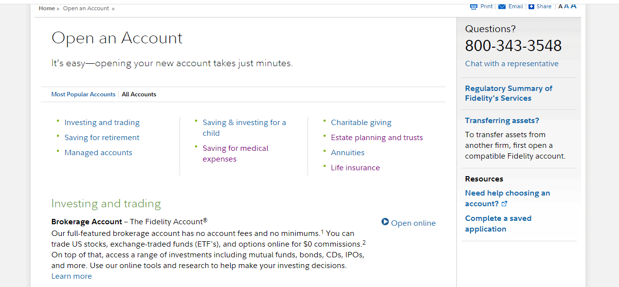 A screenshot of the page showing information about the types of accounts available on the Fidelity Broker website