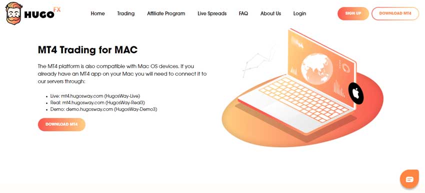 A screenshot of the home page which shows the MT4 Trading platform for Mac of Hugo’s Way website