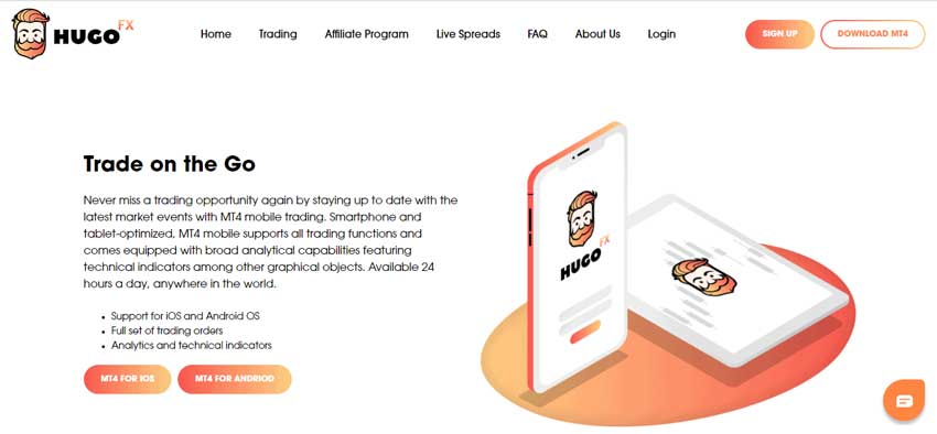 Screenshot of the home page which shows the MT4 Mobile Trading platform of Hugo’s Way website