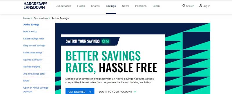 A screenshot that shows the information about the Active savings account on the HARGREAVES LANSDOWN website