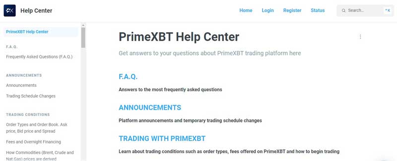 Screenshot that shows information about the Help center section on the PrimeXBT website