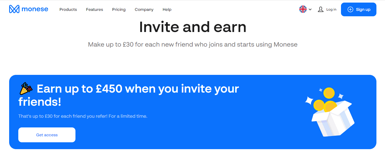 A screenshot that shows the information about the Invite and Earn section on the Monese Bank website