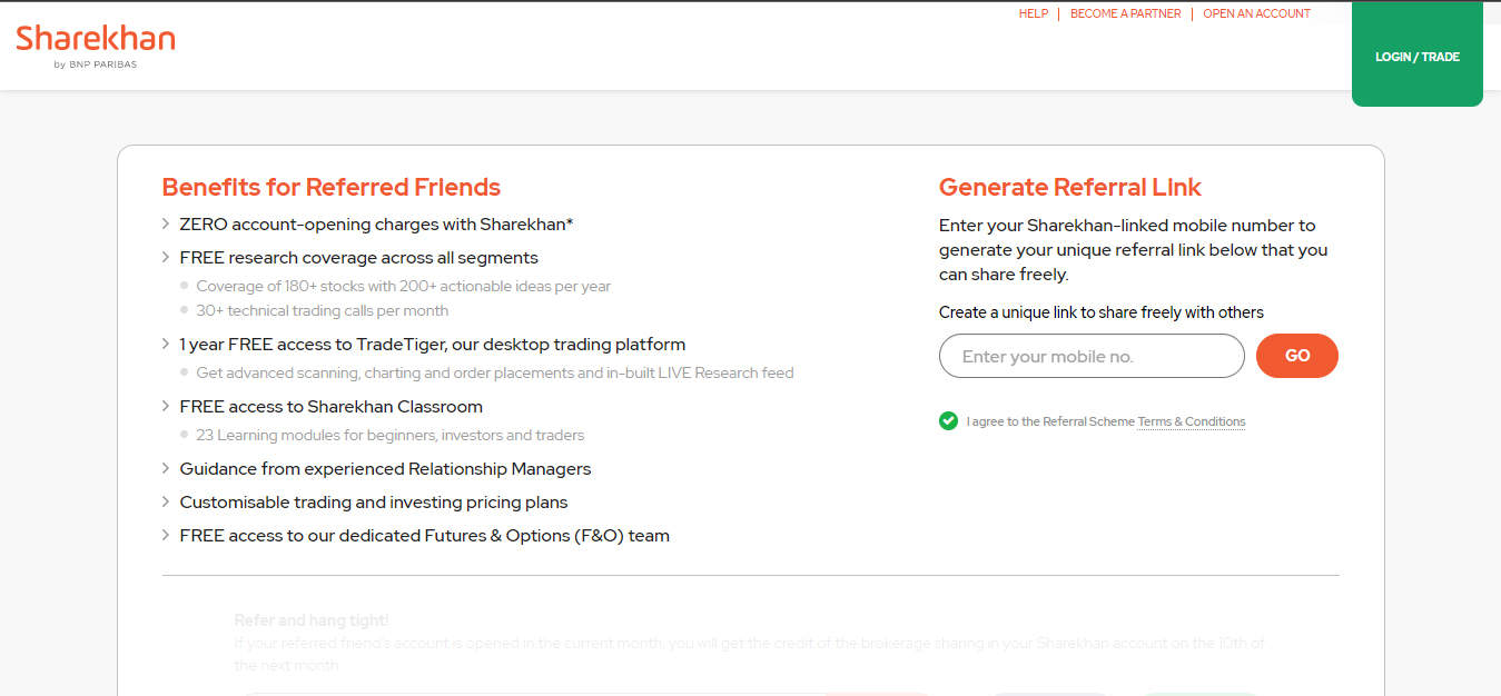 A Screenshot that shows the information about the Refer Friends section on the Sharekhan website