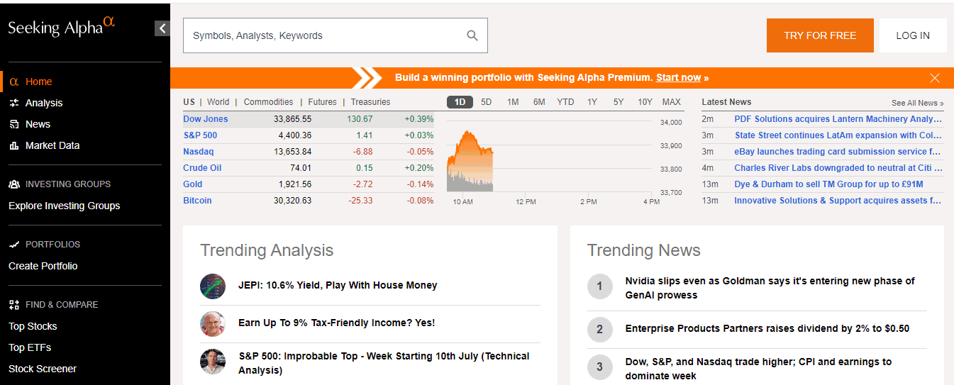 A Screenshot from the Home page of the Seeking Alpha website