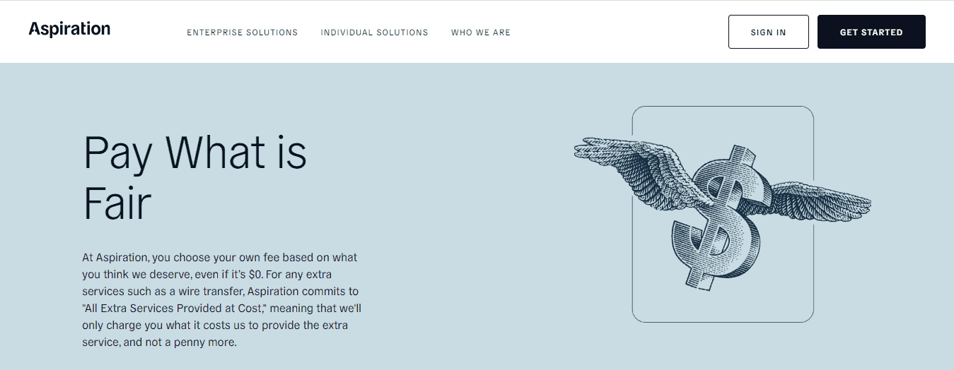 A Screenshot that shows the information about Pay What Is Fair on the Aspiration Bank website