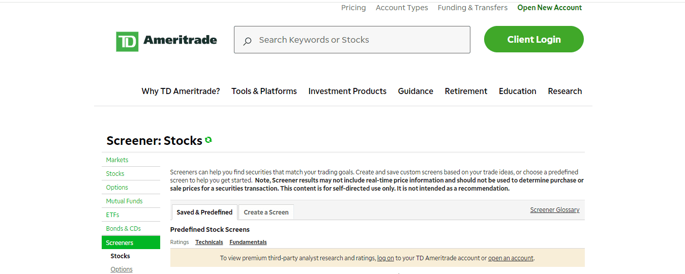 A Screenshot from the Home page of the TD Ameritrade website