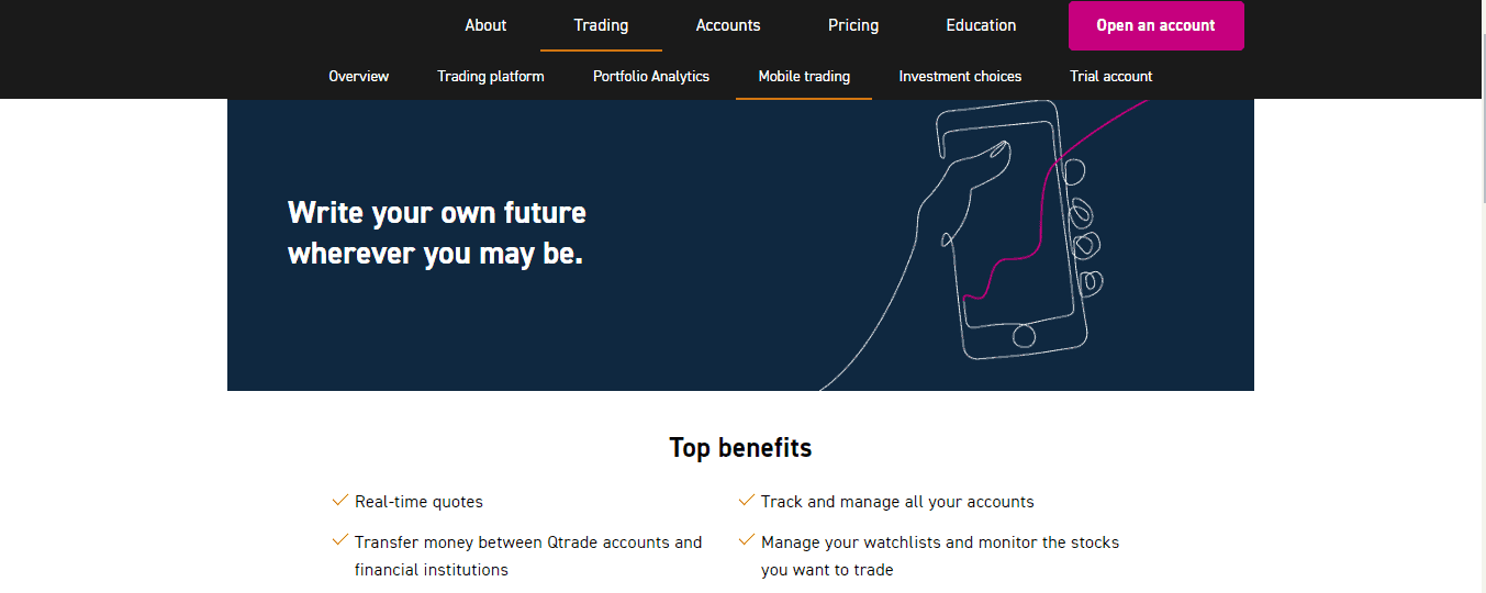 Screenshot of Mobile trading section from Qtrade website