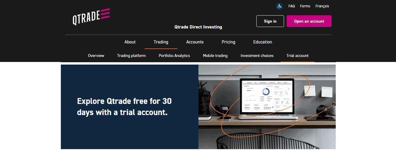 Screenshot of the Trial account section from Qtrade website.