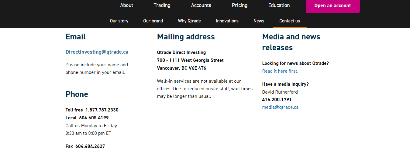 Screenshot of the Contact Us section from Qtrade website.